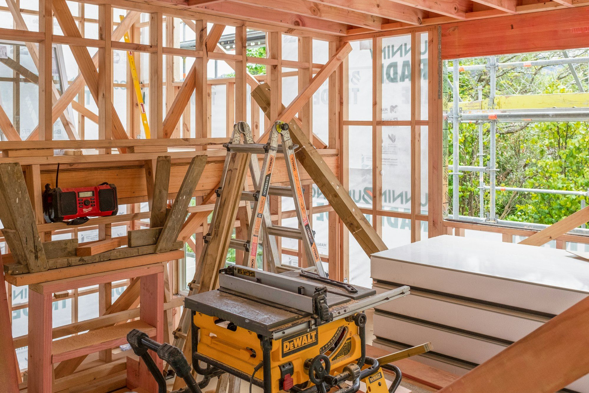 Timber framing and tools on a residential building site in Wellington
