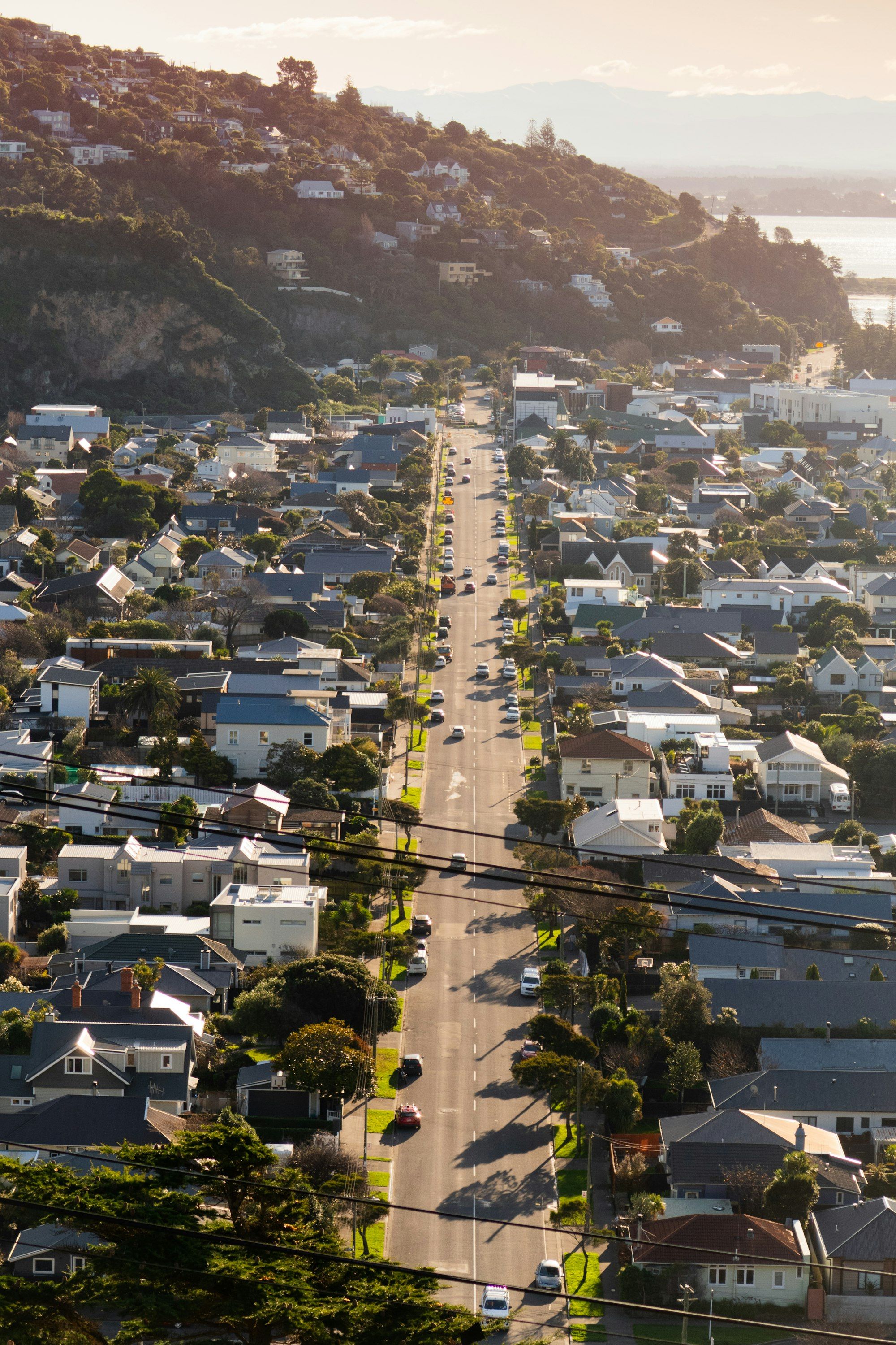 Aerial view of Christchurch houses with the Port Hills behind