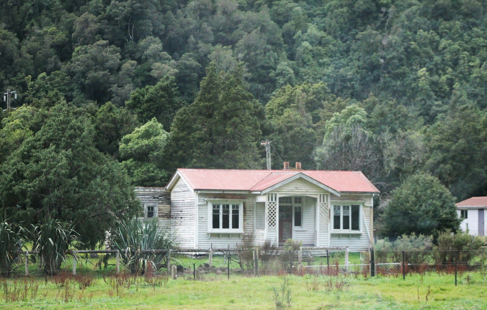 White farmhouse with a red roof surrounded by trees on the West Coast of New Zealand
